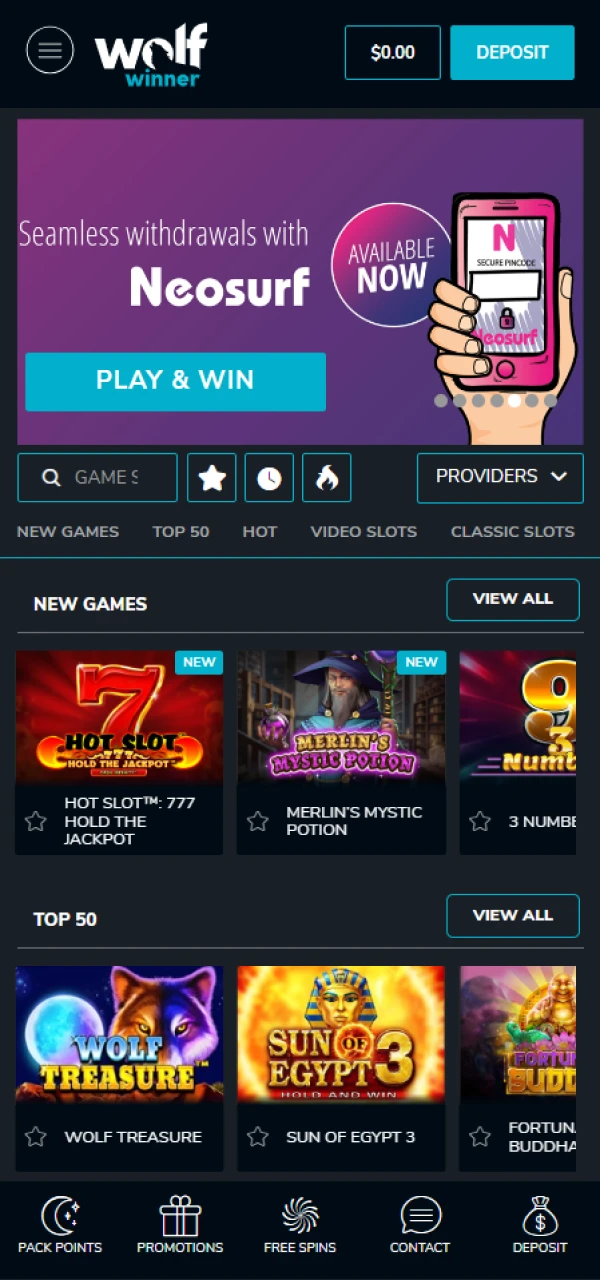 Choose a game to play at Wolf Winner casino.