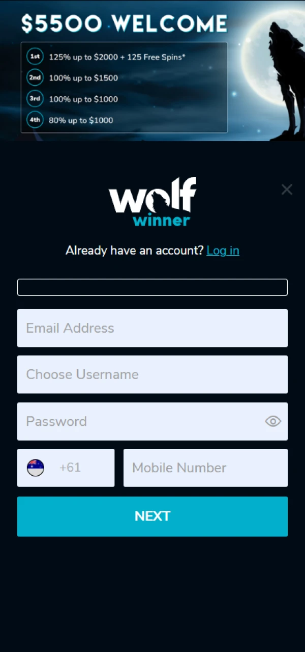 Create an account on the Wolf Winner website.