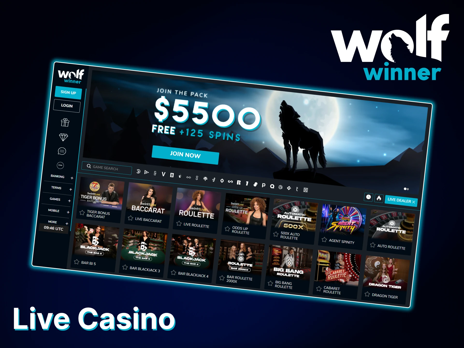 Enjoy live casino games on the Wolf Winner website.