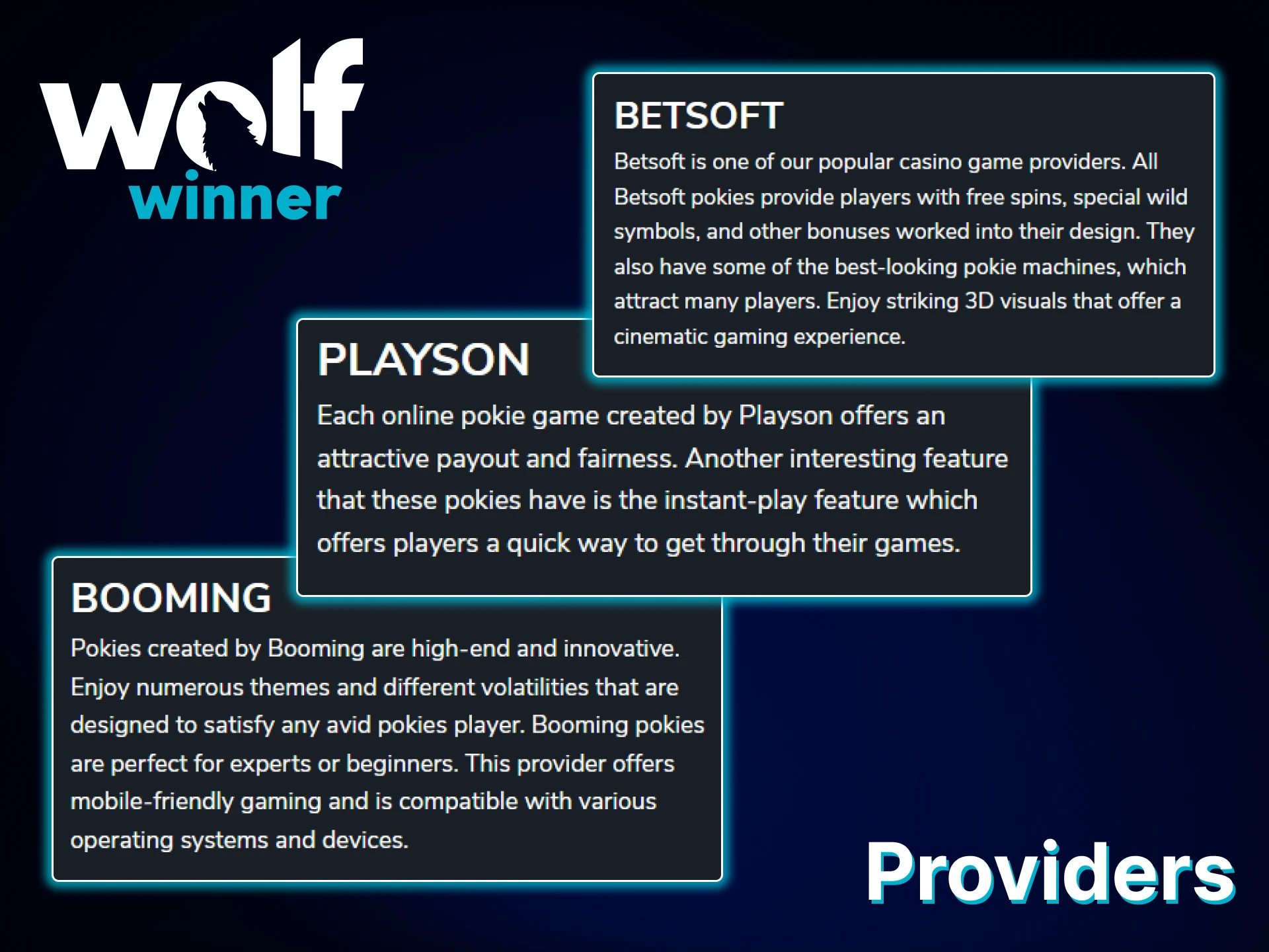Play Pokies from popular providers at Wolf Winner.